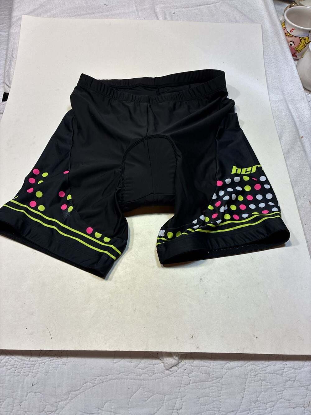 BEROY Women's Padded Cycling Shorts - Black with Pink and Yellow Polka Dots - Si
